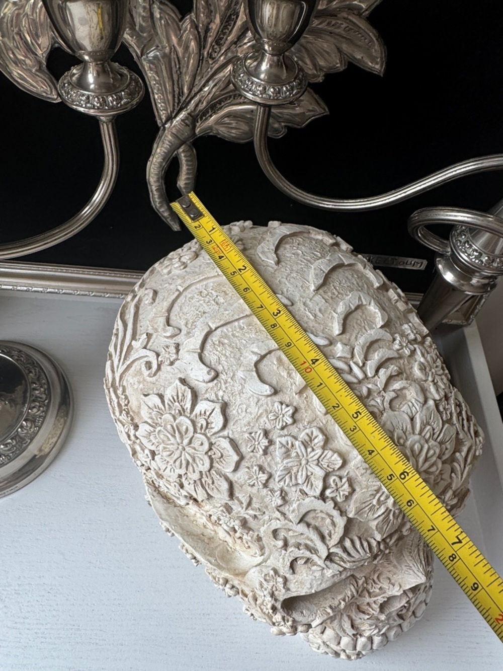 Ornate Floral Carved Skull Accent - Cream Decorative Sculpture - Picture 6 of 6
